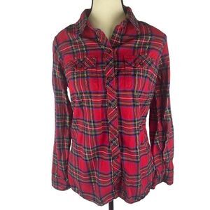 Eddie Bauer Women’s Button Down red plaid Long Sleeve Tee W/ Chest Pockets Sz M